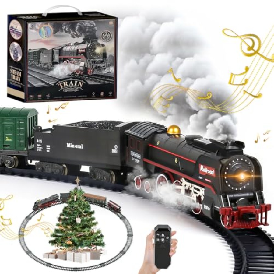 Smoke Stopper - ชุดรถไฟควบคุมระยะไกลไฟฟ้าสำหรับตกแต่งใต้ต้นคริสต์มาส, พลาสติก ABS, สีแดงและสีเขียว, มีเอฟเฟกต์ควันพร้อมช่องเสียบ 3