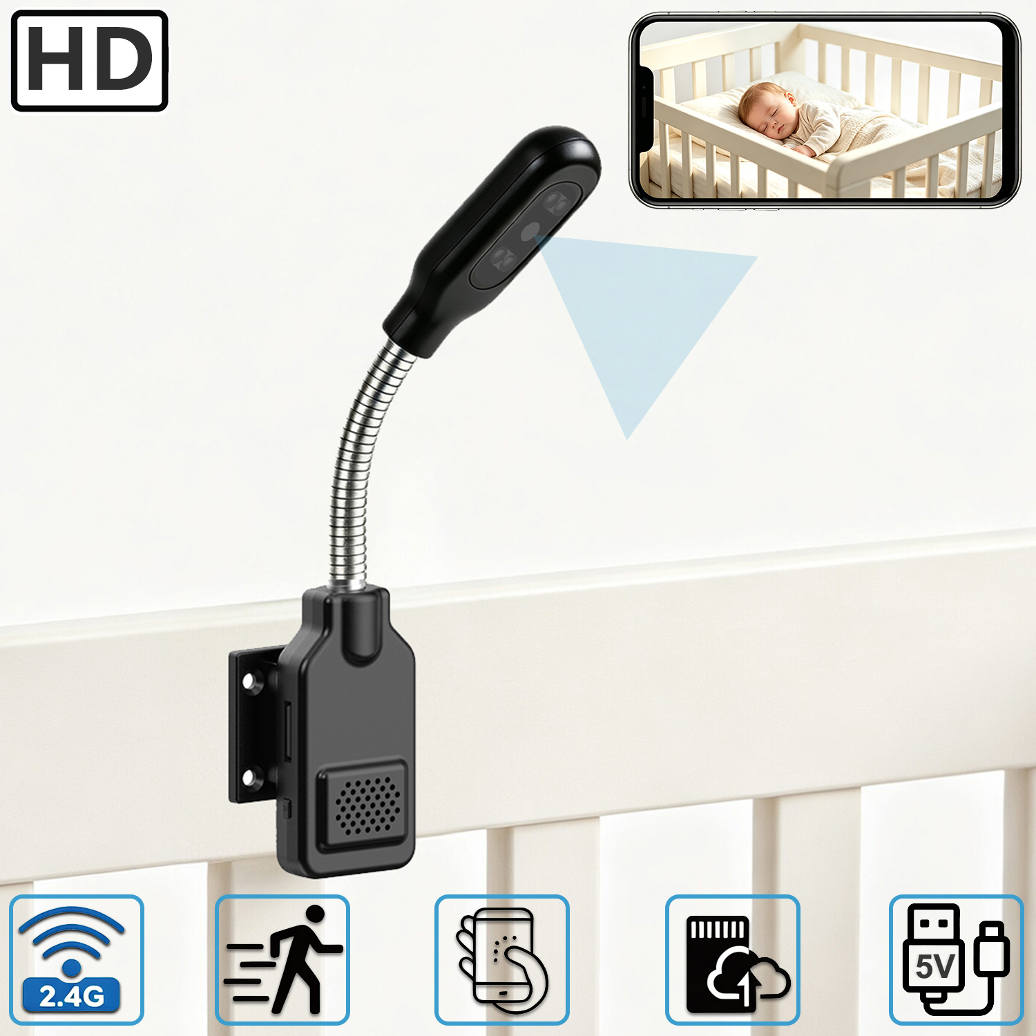 Hd Zero Camera - กล้องตรวจสอบเด็กและสัตว์เลี้ยงแบบคอห่านปรับได้, กล้องรักษาความปลอดภัย WiFi สำหรับบ้านที่ไม่ต้องติดตั้ง, ระบบเสียงสองทาง, ตรวจจับการเคลื่อนไหว